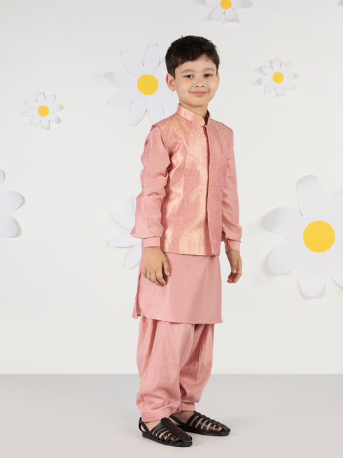 Boy's' Pink Jacket, Kurta And Patiala Set
